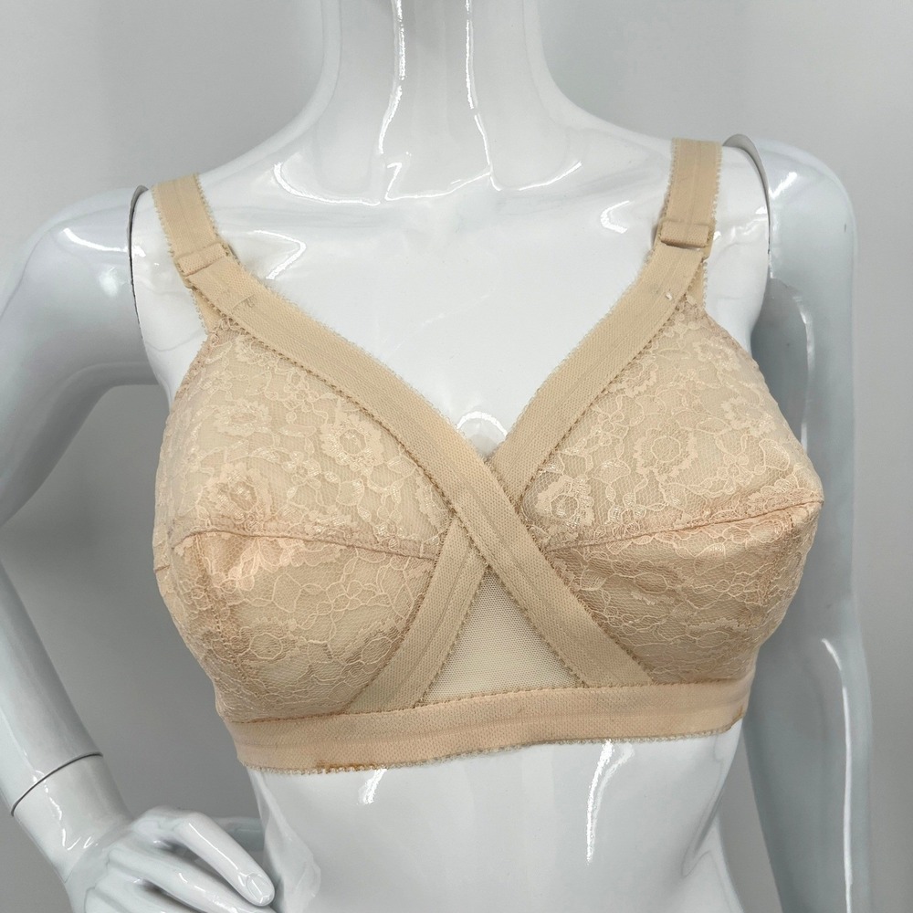 Vintage 80s JCPenny Adonna Cross Front Bra Lace Beige Size 36C Bullet Bra